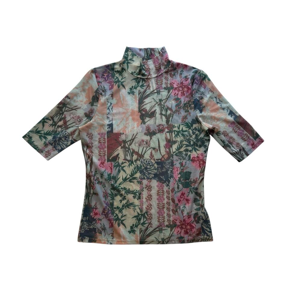Anthropologie Mesh Top Women’s Medium Sheer Floral Abstract Y2K Spring Short Sl